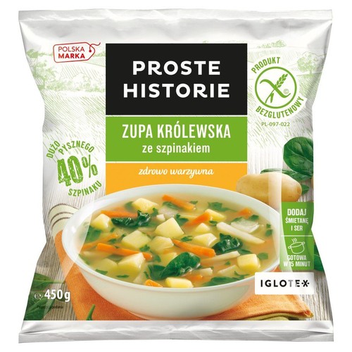 Opakowanie zupy warzywnej Proste Historie ze szpinakiem, 450g. Na zdjęciu miska zupy z ziemniakami, marchewką i szpinakiem.