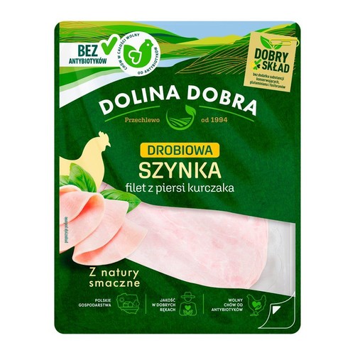 Szynka drobiowa Dolina Dobra, filet z kurczaka. Opakowanie z informacją o chowie bez antybiotyków i dobrym składzie.