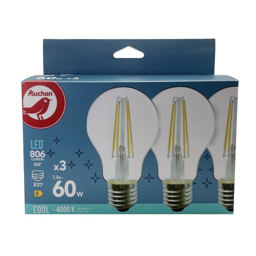 Żarówka LED E27 60W barwa zimna Auchan 3 sztuki