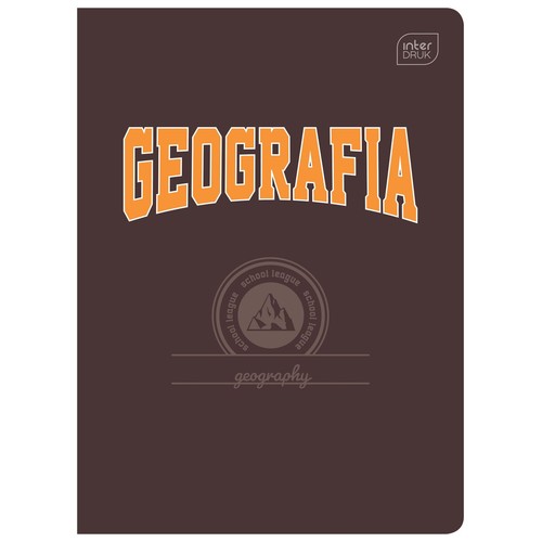 Ciemnobrązowa okładka zeszytu Inter Druk do geografii. Na środku duży, pomarańczowy napis "GEOGRAFIA" z białą obwódką. Poniżej okrągły emblemat z napisem "school league" i rysunkiem gór. Na dole ozdobny napis "geography".
