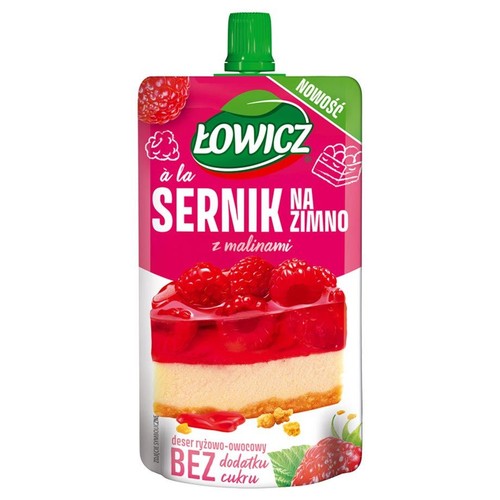 Saszetka Łowicz "à la Sernik na Zimno z malinami", deser ryżowo-owocowy bez dodatku cukru. Na etykiecie grafika kawałka sernika.