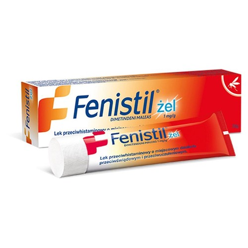 Fenistil żel, lek przeciwhistaminowy. Opakowanie kartonowe i tuba w kolorach czerwonym i białym.
