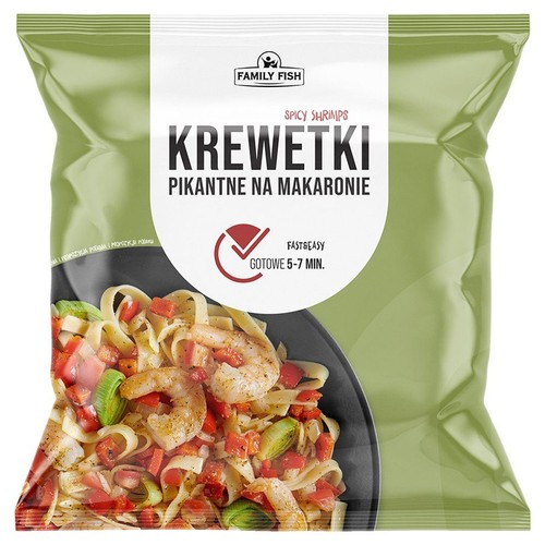 Opakowanie Family Fish Krewetki Pikantne na Makaronie. Na grafice danie z krewetkami, makaronem, papryką i zielonymi warzywami.