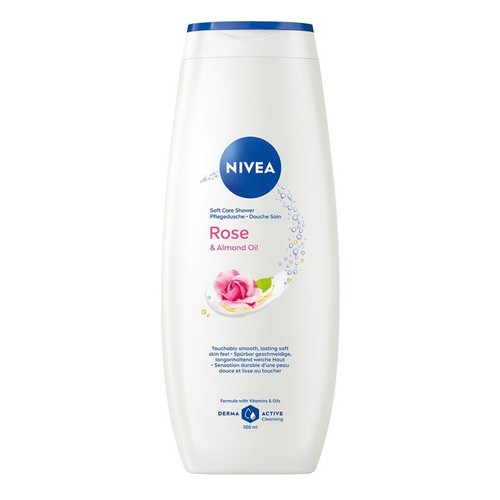 Biała butelka żelu pod prysznic Nivea Rose & Almond Oil, 500 ml. Na etykiecie grafika róży i migdałów.
