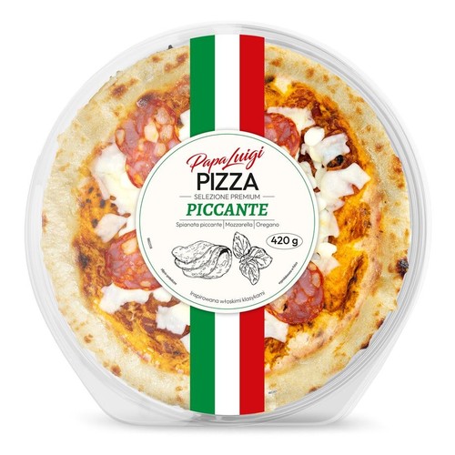Pizza Papa Luigi Selezione Premium Piccante w przezroczystym, okrągłym opakowaniu. Na złocistym cieście widoczne są kawałki mozzarelli, pikantne salami spianata i oregano. Na etykiecie flaga Włoch i waga 420 g.