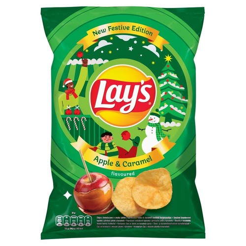 Opakowanie chipsów Lay's, edycja świąteczna, smak jabłko i karmel. Zielona paczka z bałwanem i choinką, 90g.