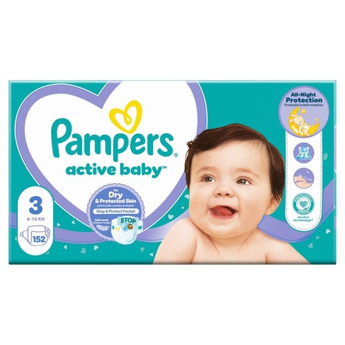 Opakowanie pieluszek Pampers Active Baby, rozmiar 3 (6-10 kg), 152 sztuki. Na turkusowym tle uśmiechnięte dziecko.