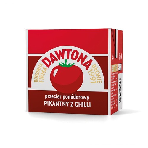 Opakowanie przecieru pomidorowego Dawtona, pikantny z chilli. Czerwony karton z grafiką pomidora.