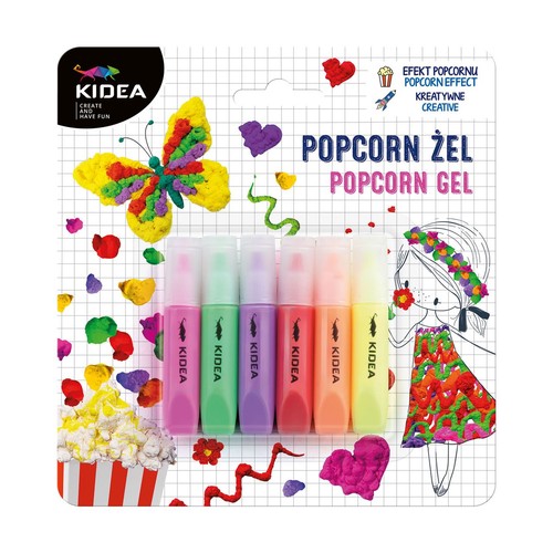 Zestaw 6 kolorowych żeli KIDEA Popcorn Gel do tworzenia efektu popcornu. Opakowanie z motywami motyla i dziewczynki z popcornu.