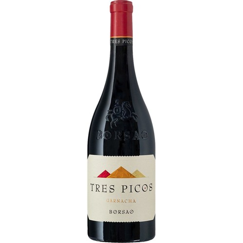 Ciemna butelka wina Tres Picos Garnacha Borsao z czerwoną zakrętką. Na etykiecie nazwa "Tres Picos" i trzy kolorowe szczyty.