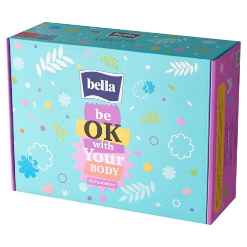Produkt Bella Teens, pudełko z logo "bella" i napisem "SETnaOKres" na tle pastelowych wzorów.