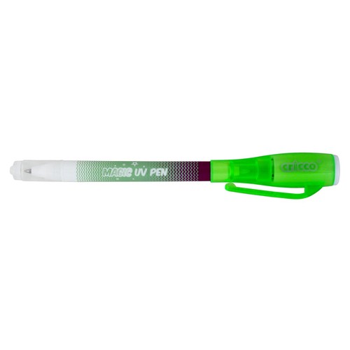 Długopis UV Magic Pen marki Cricco. Ma przezroczystą skuwkę, zielono-fioletowy korpus z napisem "MAGIC UV PEN" i zielony klips.