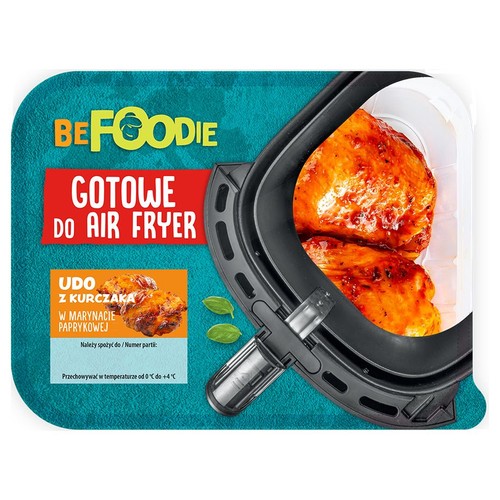 Produkt BEFOODIE: Udo z kurczaka w paprykowej marynacie, przeznaczone do przygotowania w air fryerze. Na opakowaniu zdjęcie gotowego kurczaka.
