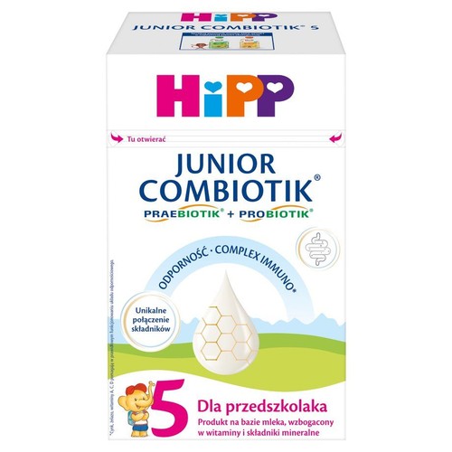 Karton HiPP JUNIOR COMBIOTIK 5, mleko dla przedszkolaków. Zawiera prebiotyki i probiotyki, wzbogacone witaminami i minerałami.