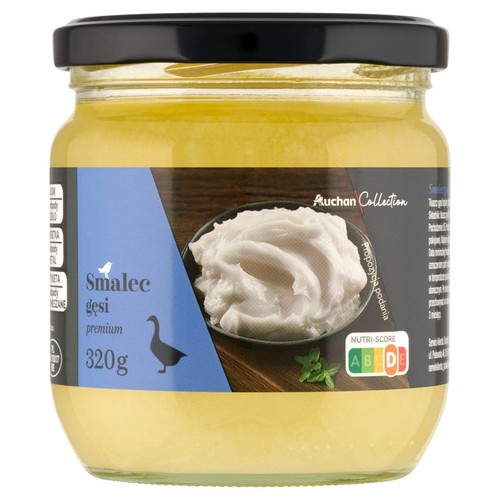 Słoik smalcu gęsiego premium Auchan Collection, 320g. Na etykiecie grafika gęsi i propozycja podania.