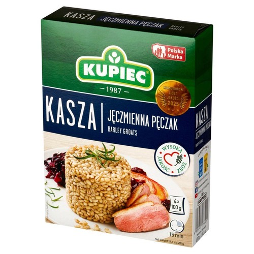 Opakowanie kaszy jęczmiennej pęczak Kupiec, 400g. Na opakowaniu grafika ugotowanej kaszy z mięsem i sosem.