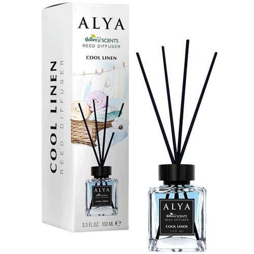 Dyfuzor zapachowy ALYA Nature's Scents Cool Linen, 100 ml, z czarnymi patyczkami.