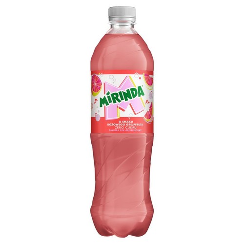 Napój Mirinda Zero Cukru o smaku różowego grejpfruta w plastikowej butelce z białą zakrętką. Na etykiecie grafiki grejpfruta.