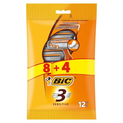 Zestaw 12 jednorazowych maszynek BIC 3 Sensitive w żółtym opakowaniu. Maszynki mają po 3 ostrza i pasek z aloesem i witaminą E. Opakowanie prezentuje maszynki oraz liczbę 8+4 sztuk.