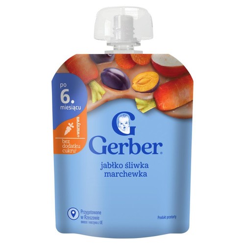 Mus owocowo-warzywny Gerber jabłko, śliwka, marchewka w niebieskiej tubce z zakrętką. Dla niemowląt od 6 miesięcy, bez dodatku cukru. Na etykiecie grafika owoców i warzyw. Produkt przetarty.