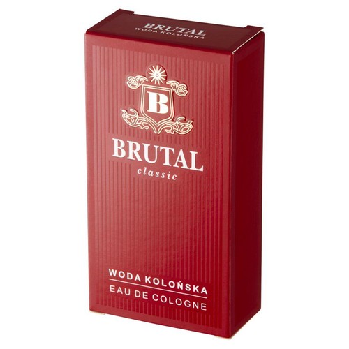Kartonowe pudełko wody kolońskiej Brutal Classic. Czerwone, z białym napisem i złotym emblematem.
