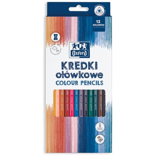 Zestaw 12 kredek ołówkowych marki Oxford w białym kartonowym opakowaniu. Kredki mają trójkątny kształt, są łatwe do temperowania i przeznaczone dla dzieci od 3 lat. Na opakowaniu widoczne są kolorowe pociągnięcia pędzla.