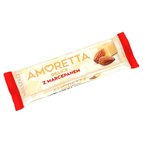 Baton Mieszko Amoretta Delice z marcepanem, zapakowany w białą folię z czerwonymi akcentami na końcach. Na opakowaniu widnieje nazwa produktu, grafika dwóch migdałów oraz kawałka marcepanu, podkreślająca smak.