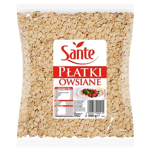 Sante Płatki Owsiane w przezroczystym opakowaniu, 500 g. Na etykiecie miska owsianki z owocami.