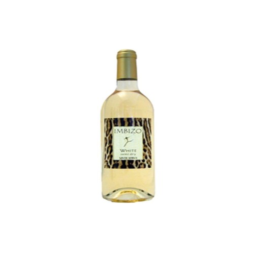Wino Imbizo White, półwytrawne, z RPA. Przezroczysta butelka ze złotym kapturem. Etykieta w cętki lamparta zawiera nazwę "IMBIZO", symbol oraz informację "WHITE semi dry SOUTH AFRICA".