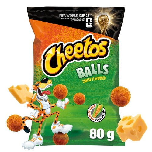 Cheetos Balls o smaku sera w czarno-zielonej paczce, 80 g. Widoczne kuleczki i kawałki sera.