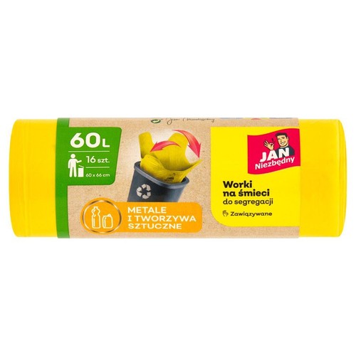 Worki na śmieci Jan Niezbędny, żółte, 60 litrów, 16 sztuk, 60x66 cm, do segregacji metali i plastiku.