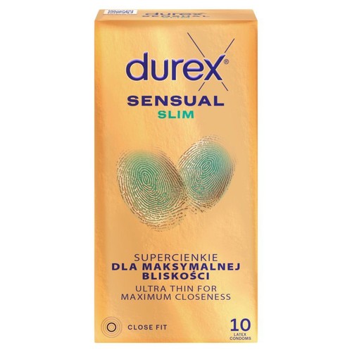 Opakowanie prezerwatyw Durex Sensual Slim, ultra cienkie, dopasowane. Zawiera 10 lateksowych prezerwatyw.