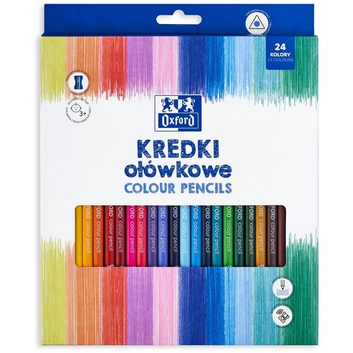 Oxford kredki ołówkowe, 24 kolory. Opakowanie z okienkiem, widoczne kolorowe kredki. Dla dzieci od 3 lat.