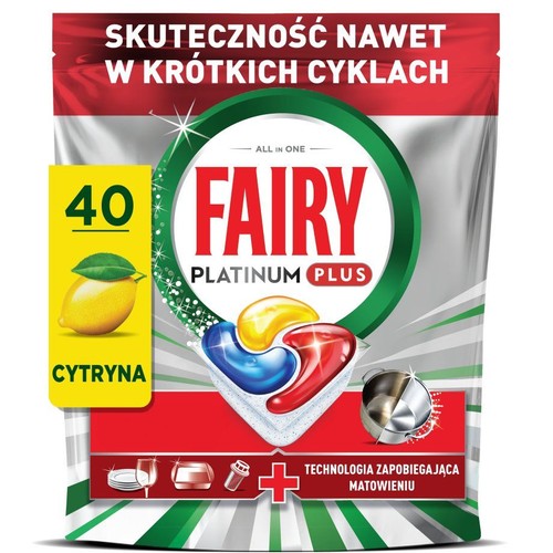 Opakowanie Fairy Platinum Plus, 40 tabletek do zmywarki z cytryną. Technologia zapobiegająca matowieniu.