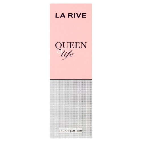 Kartonik perfum La Rive Queen of Life. Górna część różowa z nazwą marki i produktu, dolna srebrna z teksturą.