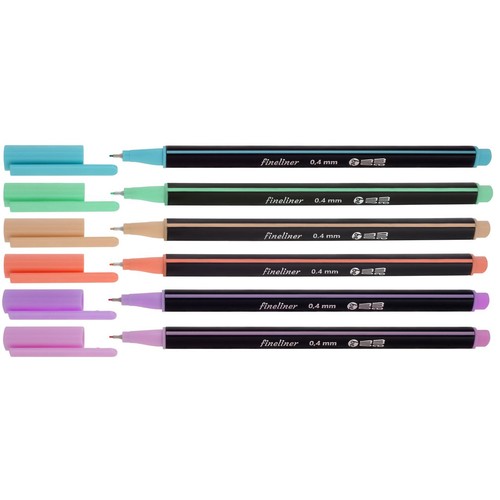Zestaw sześciu cienkopisów Fineliner 0.4 mm, ułożonych poziomo na białym tle. Każdy cienkopis ma czarny korpus i pastelową końcówkę oraz skuwkę. Kolory to: błękitny, zielony, beżowy, koralowy, fioletowy i różowy. Skuwki są zdjęte.