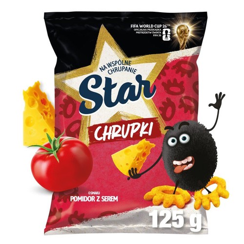 Paczka chrupek Star 125 g, smak pomidor z serem. Złota gwiazda, pomidor, ser i czarny stworek na opakowaniu.