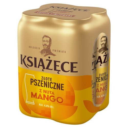 Czteropak piwa Książęce Złote Pszeniczne z nutą Mango, 4.8% alkoholu. Puszki w kolorze złotym i żółtym, z grafiką plasterków mango i wizerunkiem brodatego mężczyzny. To limitowana edycja z kolekcji Piw Świata.