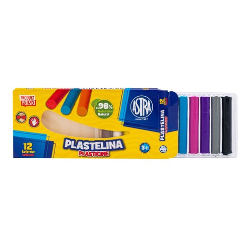 Astra Plastelina, 12 kolorów, w żółto-niebieskim opakowaniu. Produkt Polski, do 98% naturalny, dla dzieci 3+.