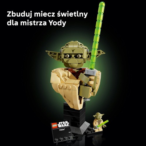 Zestaw konstrukcyjny LEGO Star Wars przedstawiający szczegółowe popiersie Mistrza Yody. Model w odcieniach beżu i zieleni, z zielonym mieczem świetlnym, stoi na czarnej podstawce. Obok znajduje się mała figurka Yody oraz czarna tabliczka z logo.