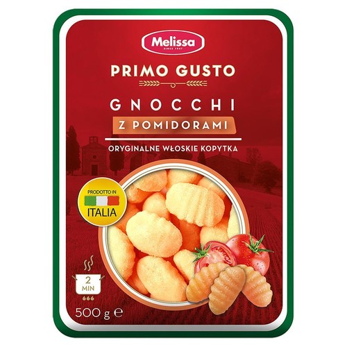 Gnocchi z pomidorami Melissa Primo Gusto, 500g. Produkt włoski, gotowy w 2 min. Na opakowaniu grafika gnocchi i pomidorów.