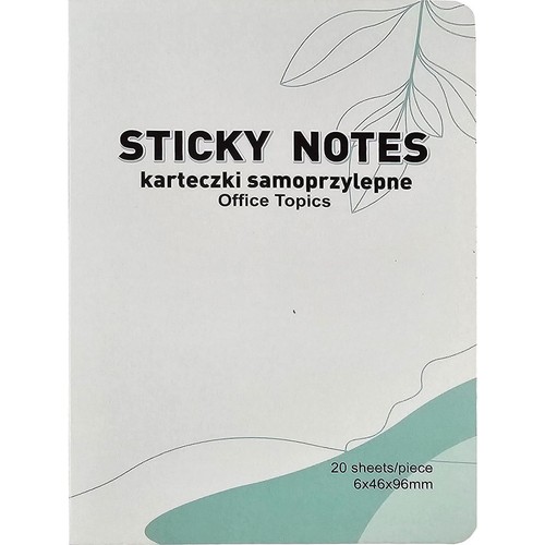 Opakowanie karteczek samoprzylepnych Sticky Notes Office Topics. 20 kartek, wymiary 6x46x96mm. Białe tło z zielonymi wzorami.