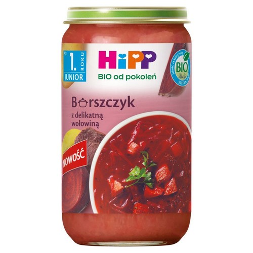 Produkt HiPP BIO: słoik barszczu z wołowiną dla dzieci od 1. roku życia. Etykieta z miską zupy i burakiem.