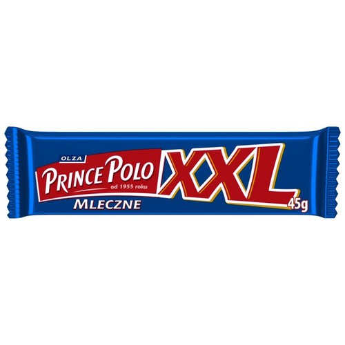 Niebieskie opakowanie wafla Prince Polo XXL Mleczne. Na opakowaniu widnieje nazwa "Prince Polo" z dopiskiem "od 1955 roku" oraz "XXL" i "Mleczne". Waga produktu to 45 gramów.