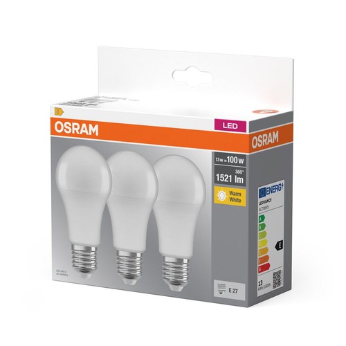 Opakowanie z trzema żarówkami LED OSRAM 13W, 360°, 1521 lm, ciepła biel. Trzonek E27.
