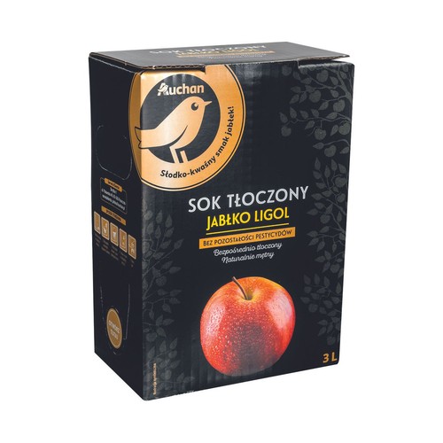 Karton soku jabłkowego Auchan Ligol 3L. Na opakowaniu czerwone jabłko, logo ptaka i napis "Słodko-kwaśny smak jabłek!".