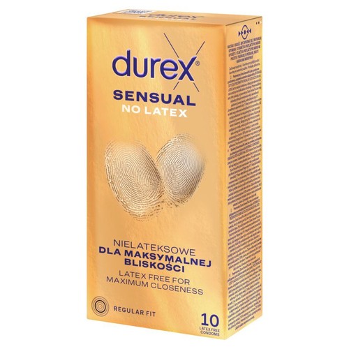 Durex Sensual No Latex, prezerwatywy nielateksowe. Opakowanie zawiera 10 sztuk, rozmiar regularny.