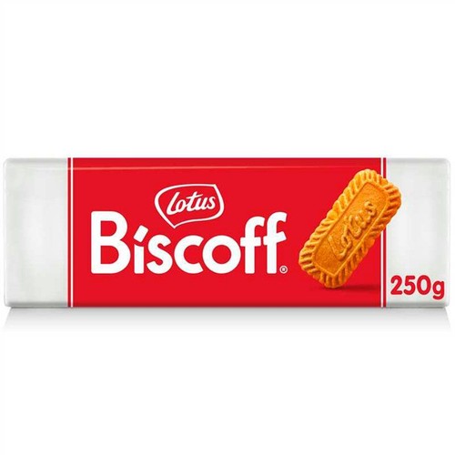 Czerwone opakowanie ciastek Lotus Biscoff 250g z białym logo i widocznym jednym prostokątnym ciastkiem.