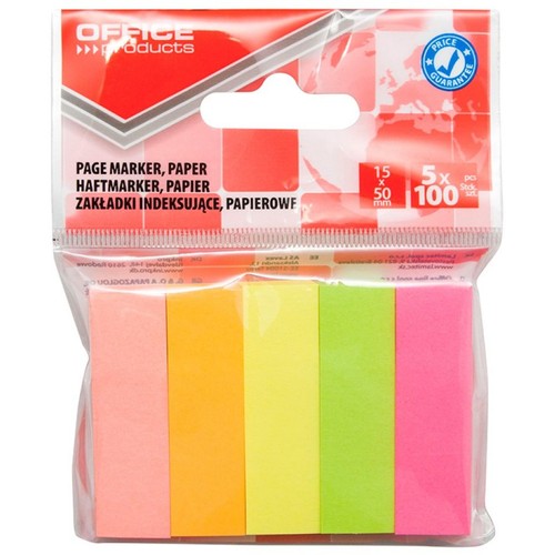 Papierowe zakładki indeksujące marki Office Products, pakowane po 500 sztuk. W zestawie znajduje się pięć bloków po 100 zakładek, każdy w innym, jaskrawym kolorze. Wymiary pojedynczej zakładki to 15x50 mm. Produkt w przezroczystym opakowaniu foliowym.
