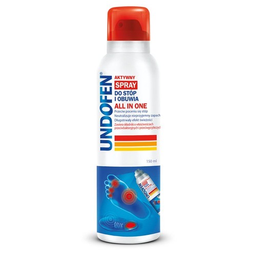 Biały spray Undofen Aktywny do stóp i obuwia All in One, 150 ml, z czerwoną nakrętką. Produkt przeciwdziała poceniu się stóp, neutralizuje nieprzyjemny zapach oraz zapewnia długotrwały efekt świeżości.
